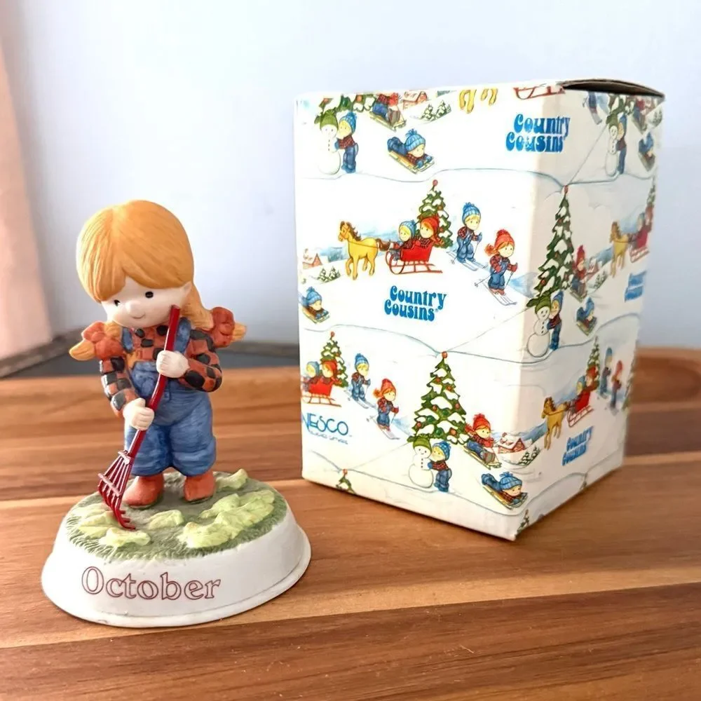 Enesco Katie Porcelain Figurine Monthly Character October Rake Fall Leaves